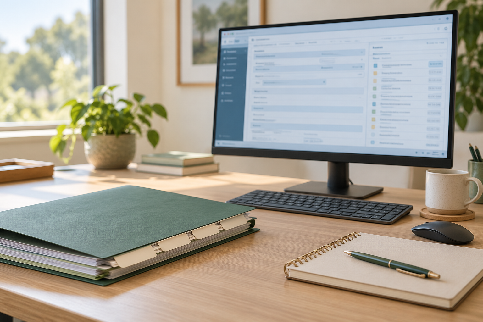 Illustrative clinical coding workspace with clinical records and a computer