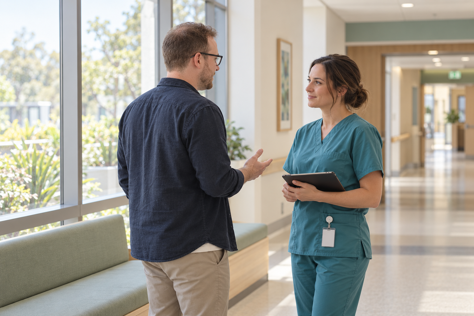Illustrative scene of Sam discussing clinical documentation with a clinician in a hospital corridor