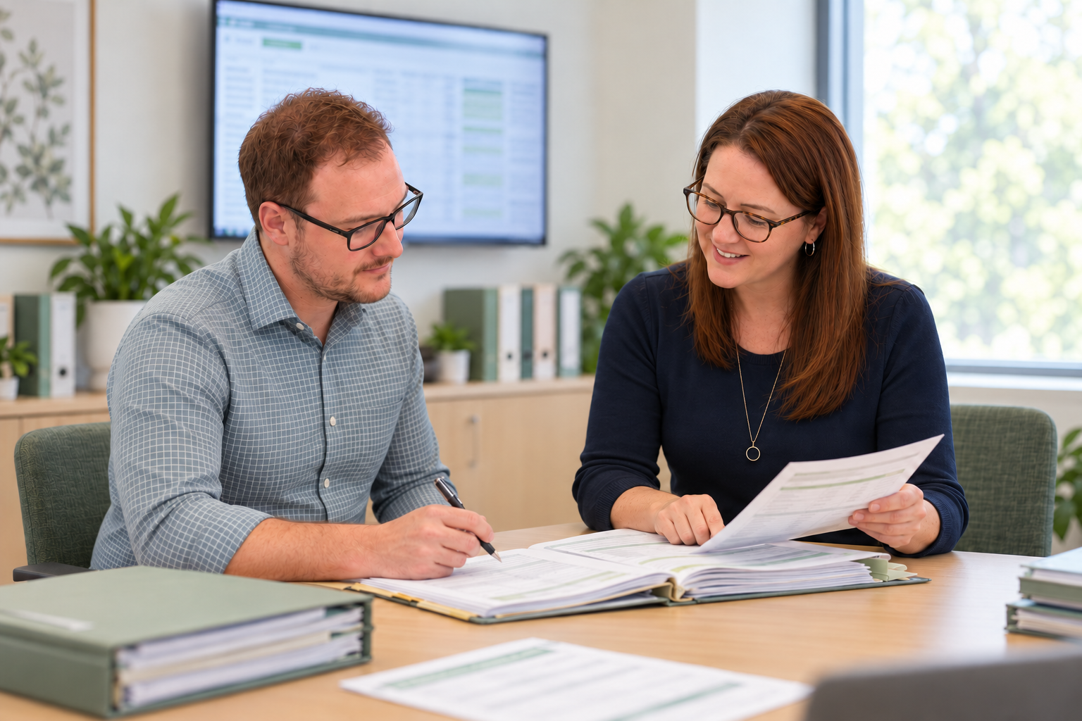 Illustrative scene of Sam and Jenny reviewing clinical coding and audit documentation together